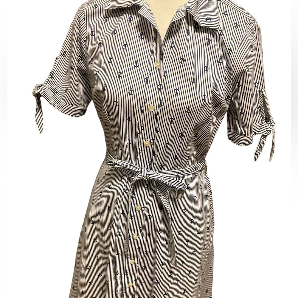 Chloe+rene Blue White Stripe Anchor Button Down Tie Front Knee Length Dress - Picture 6 of 8